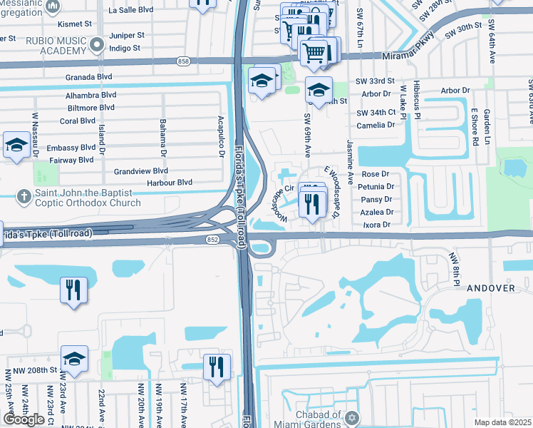 map of restaurants, bars, coffee shops, grocery stores, and more near 7024 Southwest 38th Court in Miramar