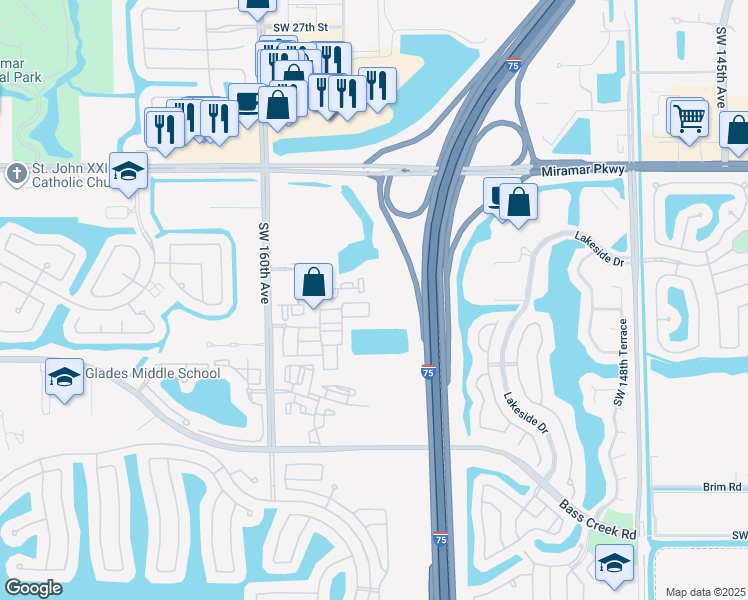 map of restaurants, bars, coffee shops, grocery stores, and more near 3851 Southwest 160th Avenue in Miramar