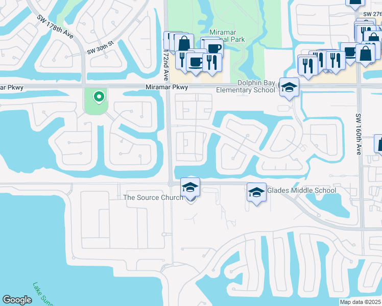 map of restaurants, bars, coffee shops, grocery stores, and more near 3858 Southwest 171st Avenue in Miramar