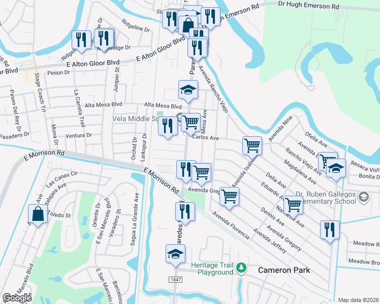 map of restaurants, bars, coffee shops, grocery stores, and more near 4865 Paredes Line Road in Brownsville