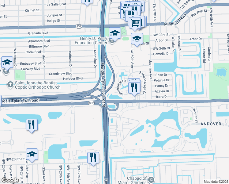map of restaurants, bars, coffee shops, grocery stores, and more near 7024 Southwest 38th Court in Miramar
