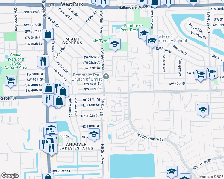 map of restaurants, bars, coffee shops, grocery stores, and more near 5525 Southwest 41st Street in Hollywood