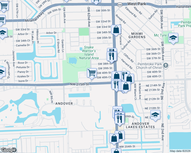 map of restaurants, bars, coffee shops, grocery stores, and more near 6128 Southwest 40th Street in Miramar