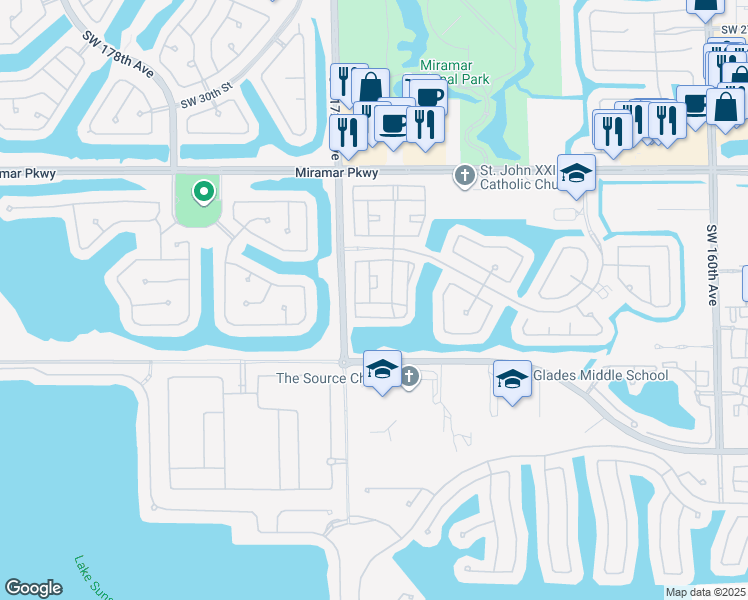 map of restaurants, bars, coffee shops, grocery stores, and more near 3858 Southwest 171st Avenue in Miramar