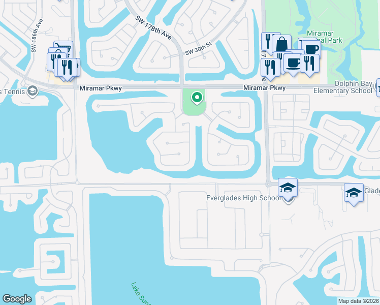 map of restaurants, bars, coffee shops, grocery stores, and more near 3535 Southwest 177th Avenue in Miramar