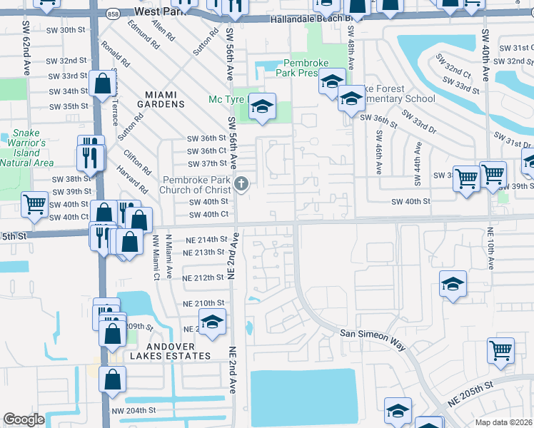 map of restaurants, bars, coffee shops, grocery stores, and more near 5433 Northeast 215th Street in Pembroke Park