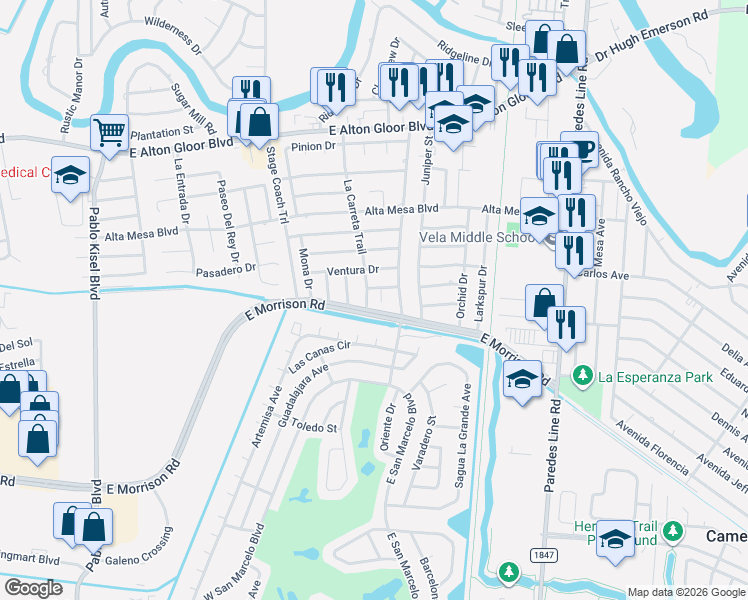 map of restaurants, bars, coffee shops, grocery stores, and more near 4798 Montrose Cir in Brownsville