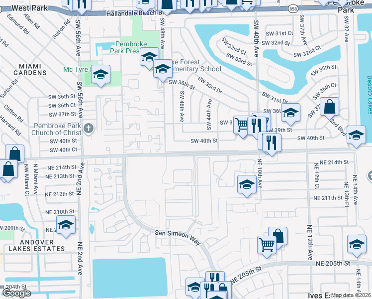 map of restaurants, bars, coffee shops, grocery stores, and more near 4510 Southwest 40th Street in West Park