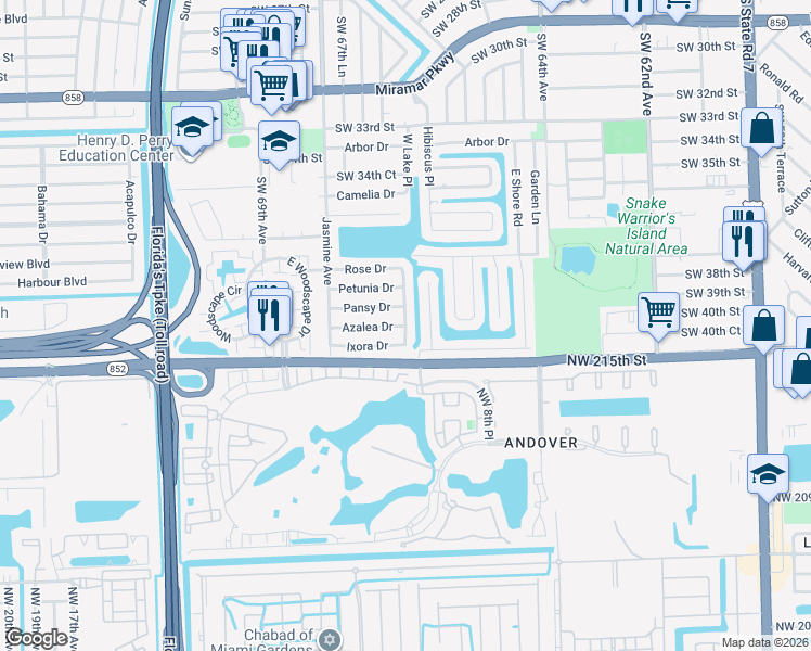 map of restaurants, bars, coffee shops, grocery stores, and more near Azalea Drive in Miramar