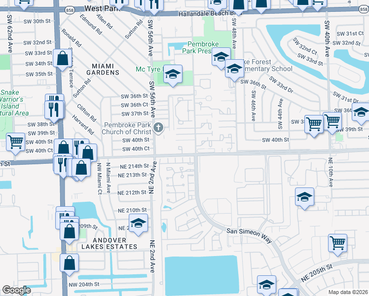 map of restaurants, bars, coffee shops, grocery stores, and more near 5433 Northeast 215th Street in Pembroke Park