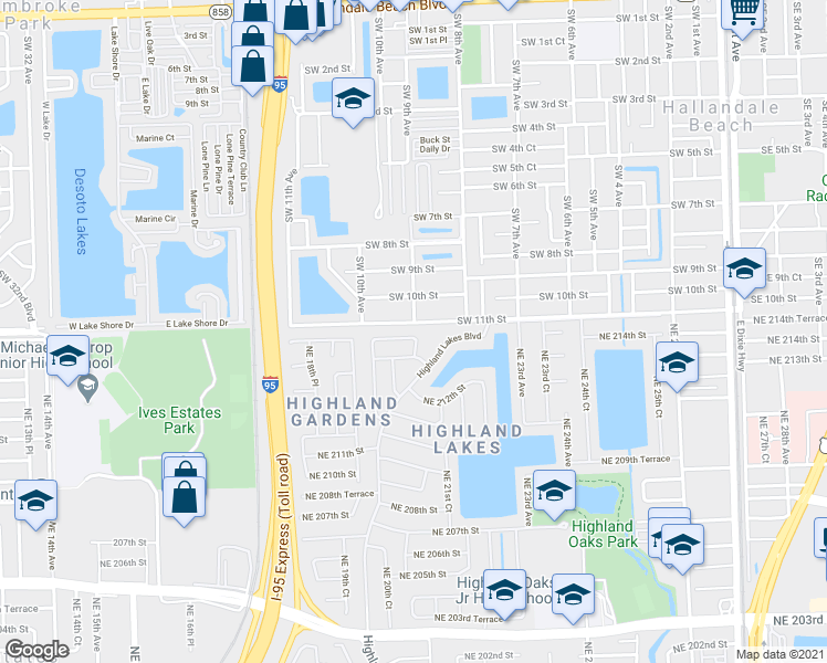 map of restaurants, bars, coffee shops, grocery stores, and more near 2061 Northeast 214th Terrace in Miami