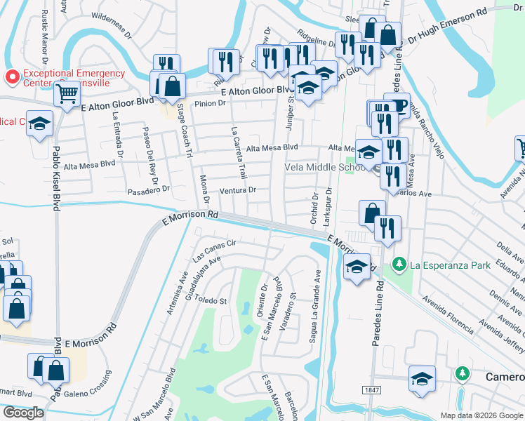 map of restaurants, bars, coffee shops, grocery stores, and more near 4798 Montrose Cir in Brownsville
