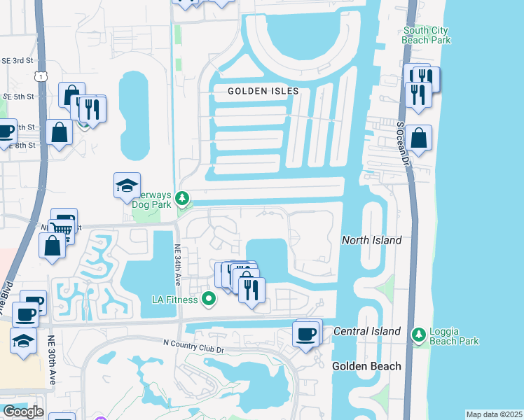 map of restaurants, bars, coffee shops, grocery stores, and more near 3610 Yacht Club Drive in Aventura