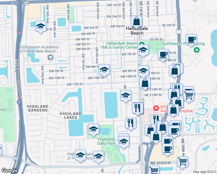 map of restaurants, bars, coffee shops, grocery stores, and more near 2470 Northeast 215th Street in Miami