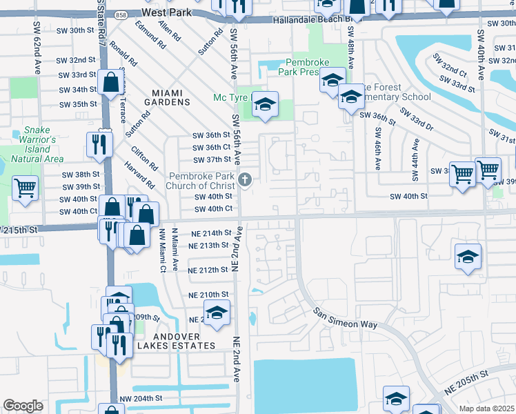 map of restaurants, bars, coffee shops, grocery stores, and more near 5525 Southwest 41st Street in Hollywood