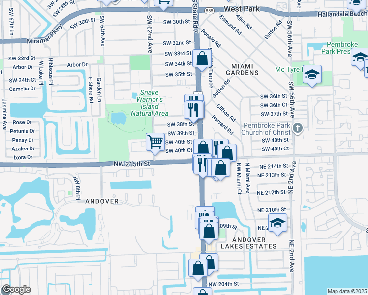 map of restaurants, bars, coffee shops, grocery stores, and more near 6044 Southwest 40th Street in Miramar