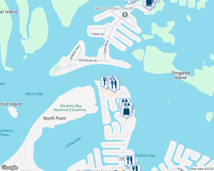 map of restaurants, bars, coffee shops, grocery stores, and more near 1215 Edington Place in Marco Island