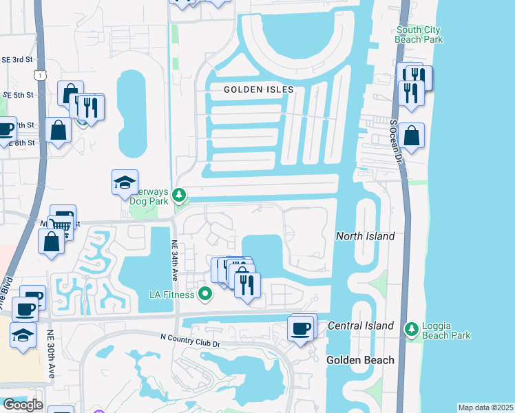 map of restaurants, bars, coffee shops, grocery stores, and more near 3610 Yacht Club Drive in Aventura