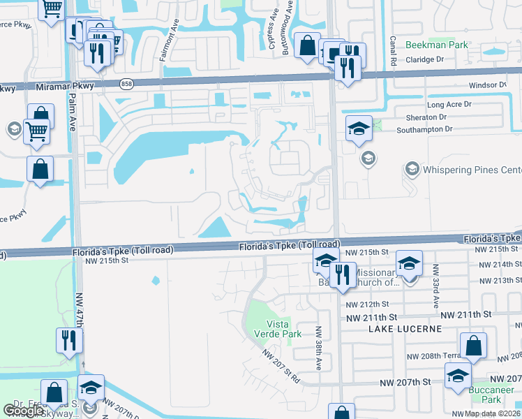 map of restaurants, bars, coffee shops, grocery stores, and more near 3476 Foxcroft Road in Miramar