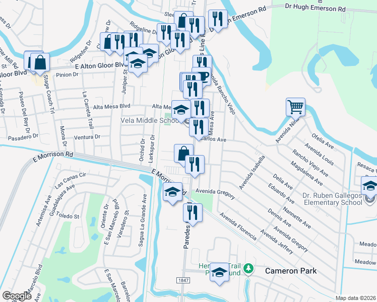map of restaurants, bars, coffee shops, grocery stores, and more near 4865 Paredes Line Road in Brownsville