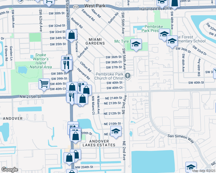 map of restaurants, bars, coffee shops, grocery stores, and more near 5710 Southwest 40th Street in West Park