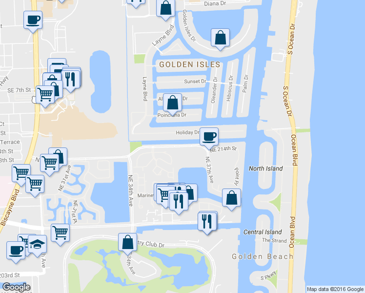 map of restaurants, bars, coffee shops, grocery stores, and more near 3598 Yacht Club Drive in Aventura