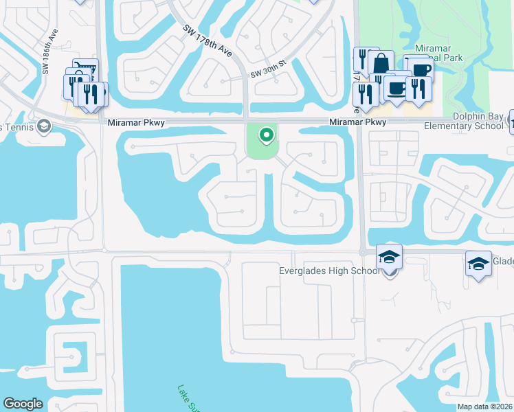 map of restaurants, bars, coffee shops, grocery stores, and more near 3535 Southwest 177th Avenue in Miramar