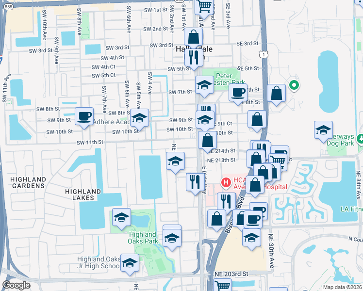 map of restaurants, bars, coffee shops, grocery stores, and more near 2630 Northeast 215th Street in Miami
