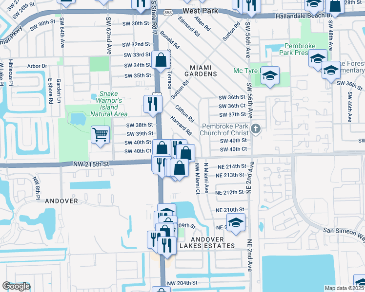 map of restaurants, bars, coffee shops, grocery stores, and more near 4001 Southwest 59th Avenue in West Park