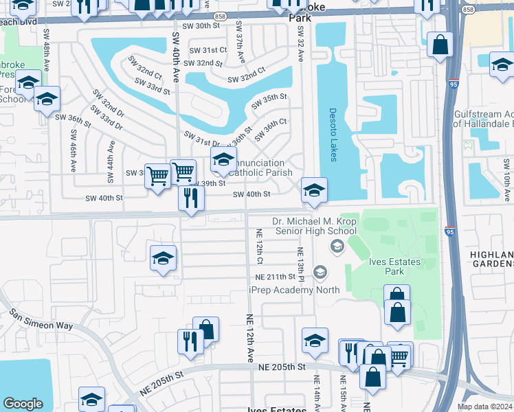 map of restaurants, bars, coffee shops, grocery stores, and more near 3601 Southwest 41st Street in Hollywood