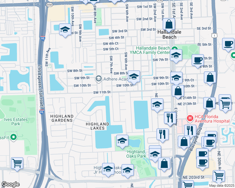 map of restaurants, bars, coffee shops, grocery stores, and more near 2320 Northeast 215th Street in Miami