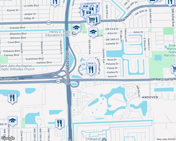 map of restaurants, bars, coffee shops, grocery stores, and more near 3924 West Woodscape Drive in Miramar