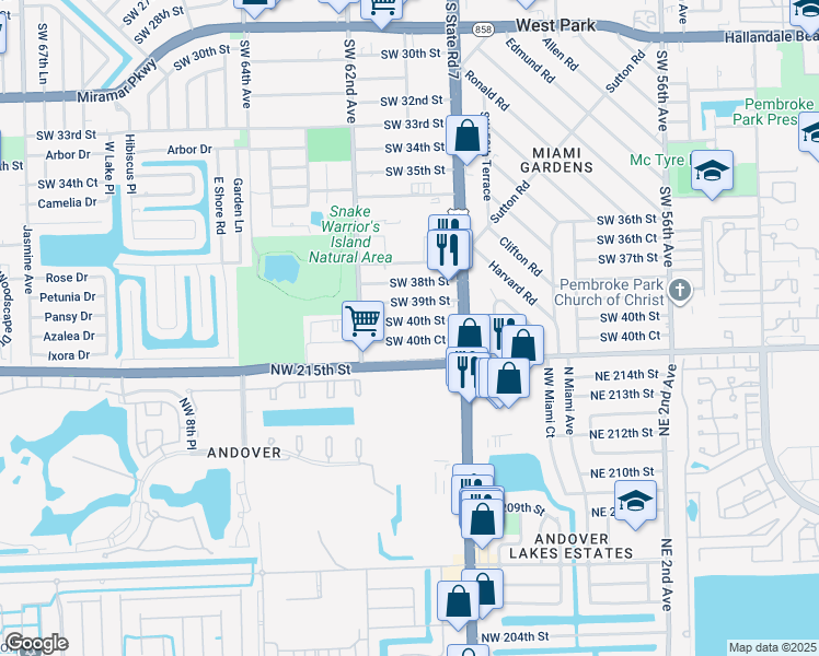 map of restaurants, bars, coffee shops, grocery stores, and more near 6044 Southwest 40th Street in Miramar