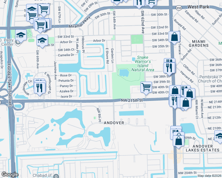 map of restaurants, bars, coffee shops, grocery stores, and more near 3916 East Shore Road in Miramar