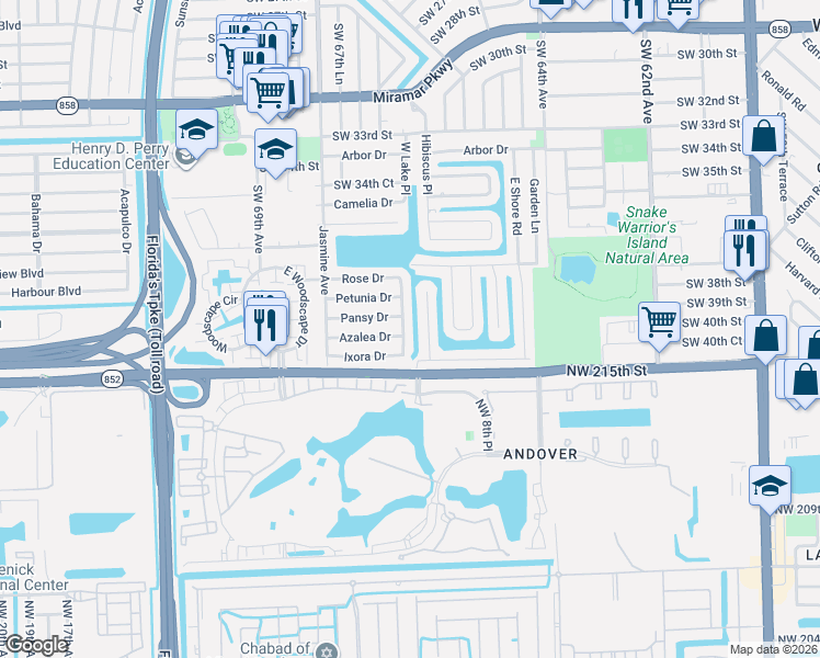 map of restaurants, bars, coffee shops, grocery stores, and more near 3905 Southwest 67th Terrace in Miramar