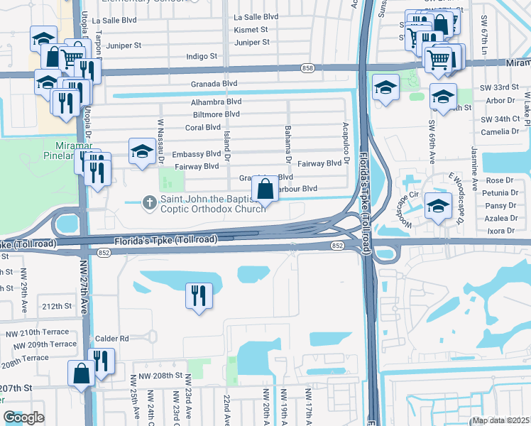 map of restaurants, bars, coffee shops, grocery stores, and more near 7451 Riviera Boulevard in Miramar
