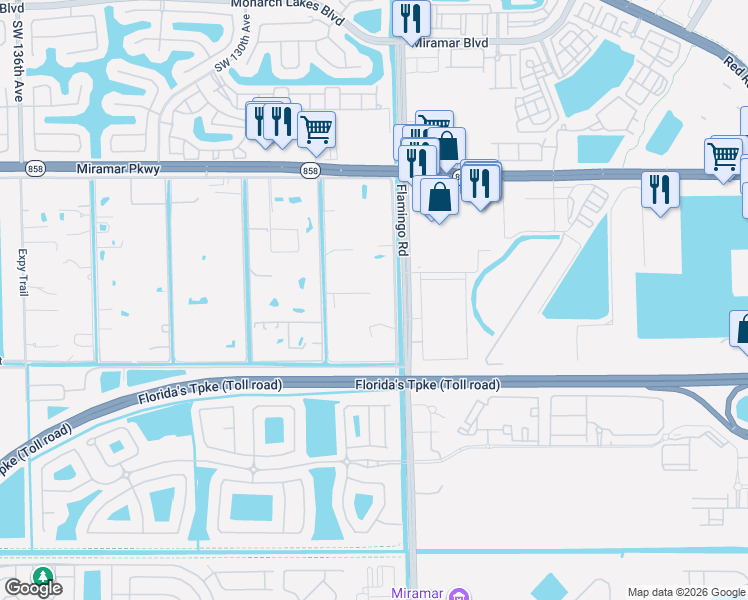 map of restaurants, bars, coffee shops, grocery stores, and more near 3850 Southwest 124th Avenue in Miramar