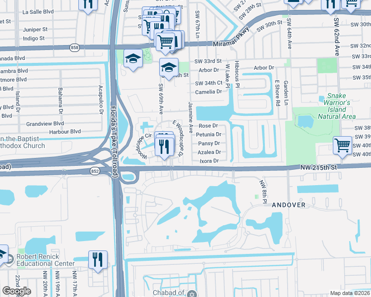 map of restaurants, bars, coffee shops, grocery stores, and more near 6772 Pansy Drive in Miramar