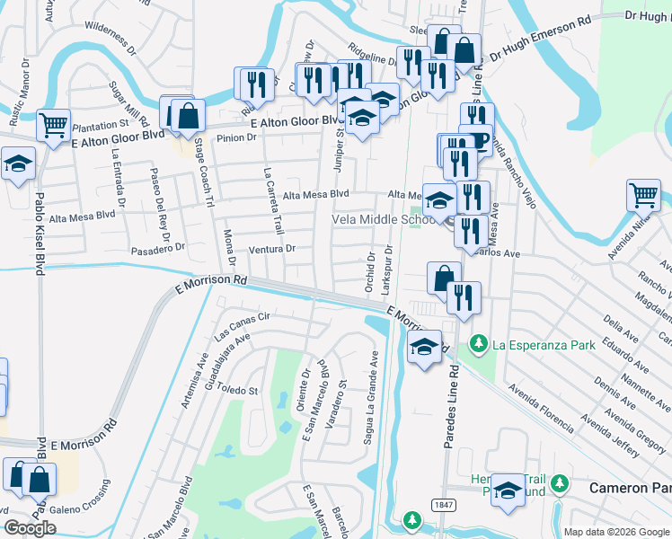 map of restaurants, bars, coffee shops, grocery stores, and more near 1706 Carnation Drive in Brownsville