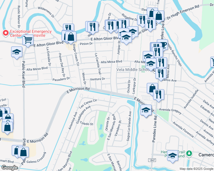 map of restaurants, bars, coffee shops, grocery stores, and more near 4798 Montrose Circle in Brownsville