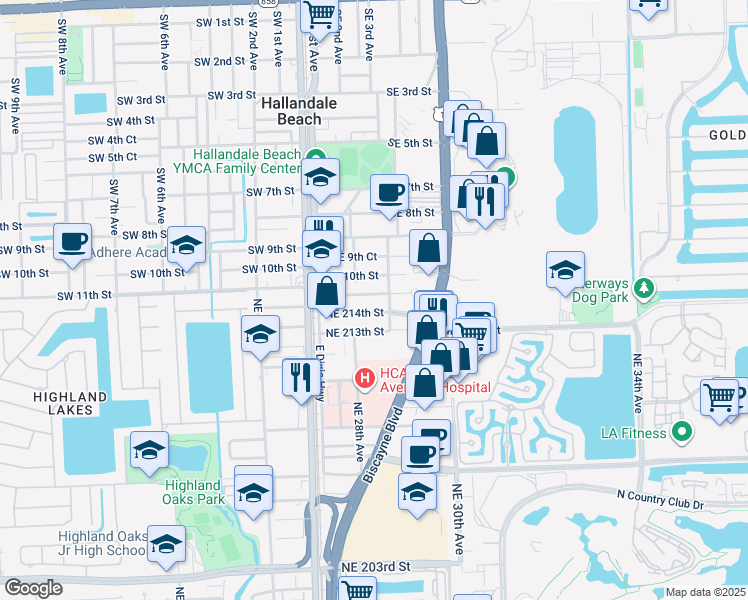 map of restaurants, bars, coffee shops, grocery stores, and more near 2834 Northeast 214th Terrace in Miami