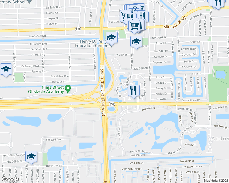 map of restaurants, bars, coffee shops, grocery stores, and more near 7024 Southwest 38th Court in Miramar