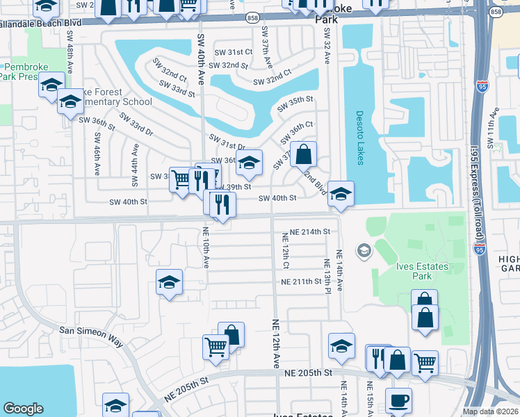 map of restaurants, bars, coffee shops, grocery stores, and more near 3725 Southwest 41st Street in Hollywood