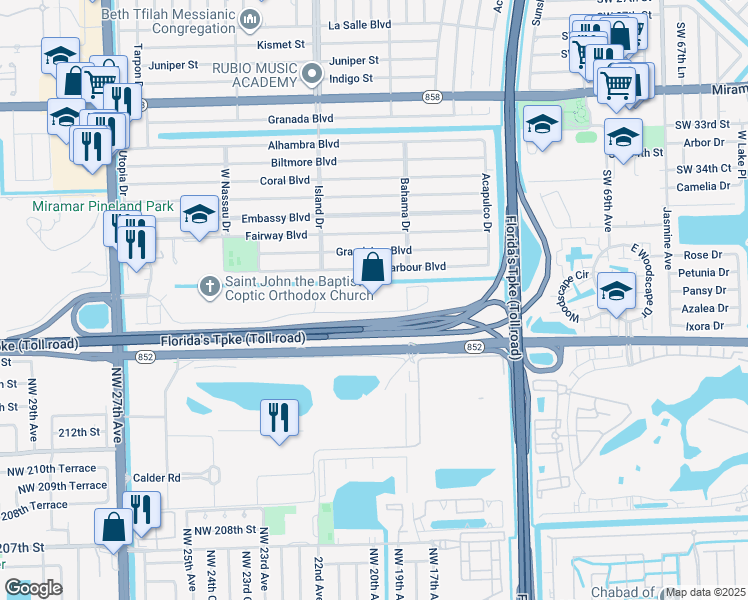 map of restaurants, bars, coffee shops, grocery stores, and more near 7451 Riviera Boulevard in Miramar