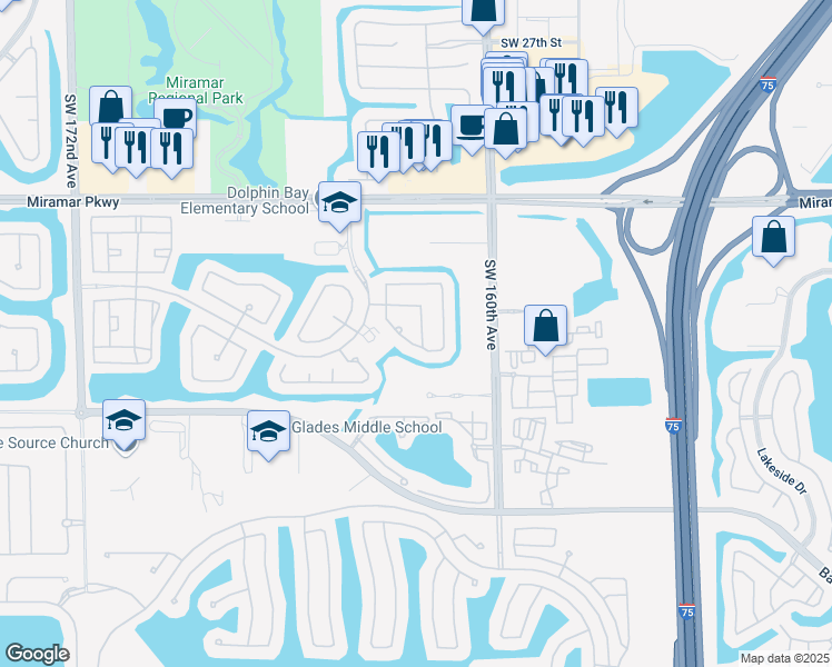 map of restaurants, bars, coffee shops, grocery stores, and more near 3662 Southwest 162nd Avenue in Miramar