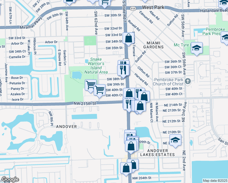 map of restaurants, bars, coffee shops, grocery stores, and more near 6044 Southwest 40th Street in Miramar