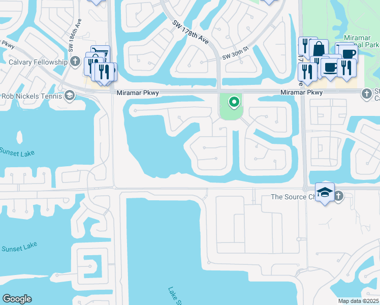 map of restaurants, bars, coffee shops, grocery stores, and more near 3542 Southwest 180th Way in Miramar