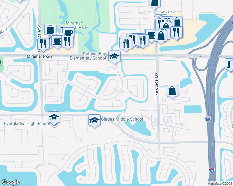 map of restaurants, bars, coffee shops, grocery stores, and more near 3701 Southwest 165th Avenue in Miramar