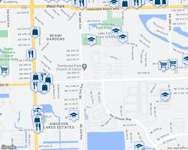 map of restaurants, bars, coffee shops, grocery stores, and more near 5433 Northeast 215th Street in Pembroke Park