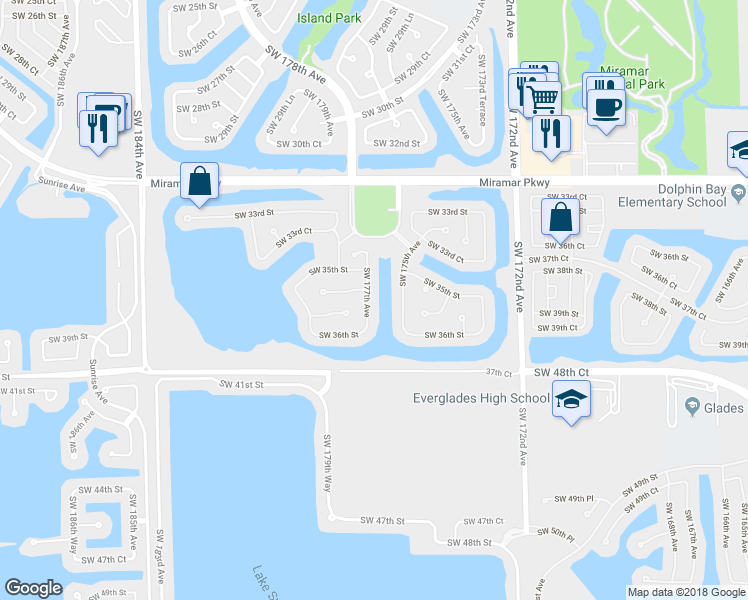 map of restaurants, bars, coffee shops, grocery stores, and more near 3535 Southwest 177th Avenue in Miramar